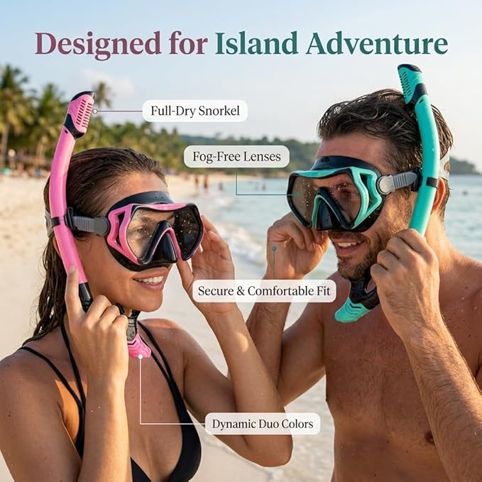 Snorkeling Gear for Adults, JRing Snorkel Mask Set with 180 Degree Tempered Glass Anti Fog Goggles Scuba Dry Top Snorkel for Swimming, Scuba Diving Mask for Men Women
