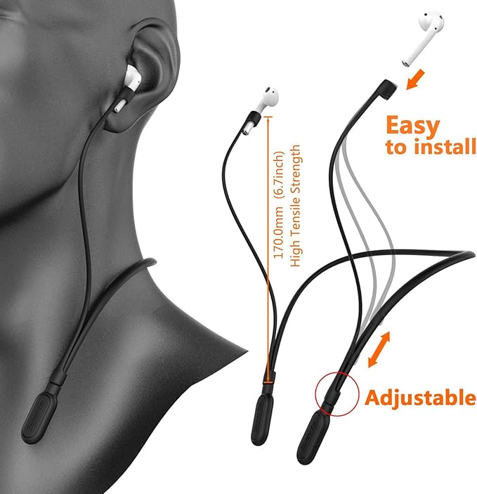 Compatible Airpods Strap, Silicone Anti-Lost Wire Cable Connector Sports Neckband Compatible for Airpods Pro 3/2/1, Airpods 4, 3, 2, 1, Black