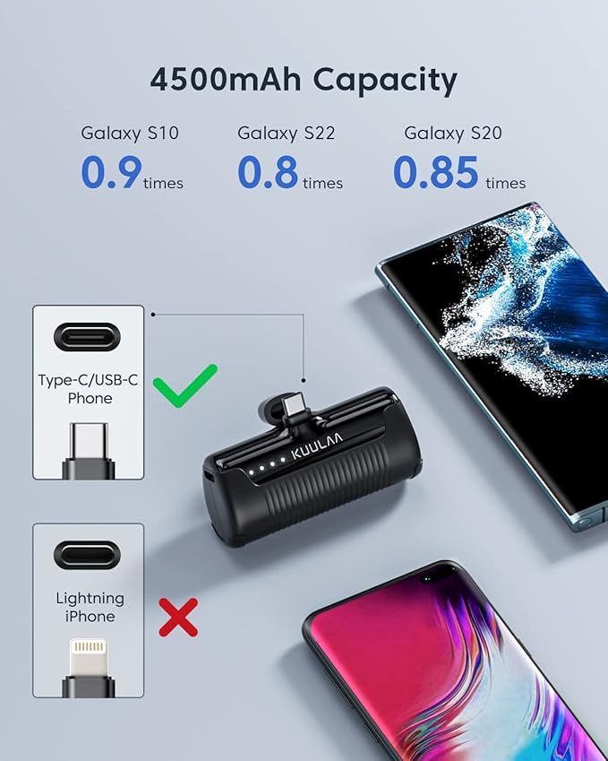 Kuulaa 2 Pack Portable Phone Charger with Built-in USB-C Plug, 4500mAh Mini Portable Charger Power Bank Small Battery Pack for iPhone 15/16/17,Samsung S22/S23 & Android (Black)