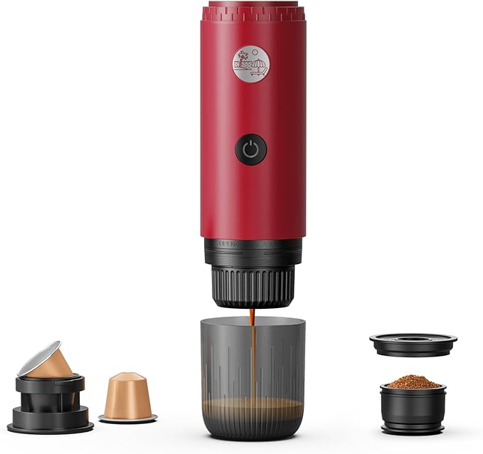 Portable Espresso Machine Mini 12V Rechargeable 3-in-1 Multi-Function Electric Coffee Machine One Key Extraction Compatible with NS & DG Capsules and Ground Coffee for Office Home (RED-NEW)