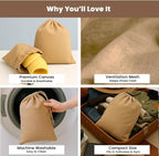 LFH Cotton Rich Shoe Storage Bags with Drawstring, Dustproof Breathable Reusable Organizer, Perfect For Travel, Dorm, Hotel, College, Gym, Easy to Carry, Machine Washable 8"x17" (Pack of 6) - Beige