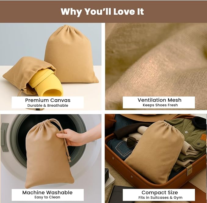 LFH Cotton Rich Shoe Storage Bags with Drawstring, Dustproof Breathable Reusable Organizer, Perfect For Travel, Dorm, Hotel, College, Gym, Easy to Carry, Machine Washable 12"x17" (Pack of 4) - Beige