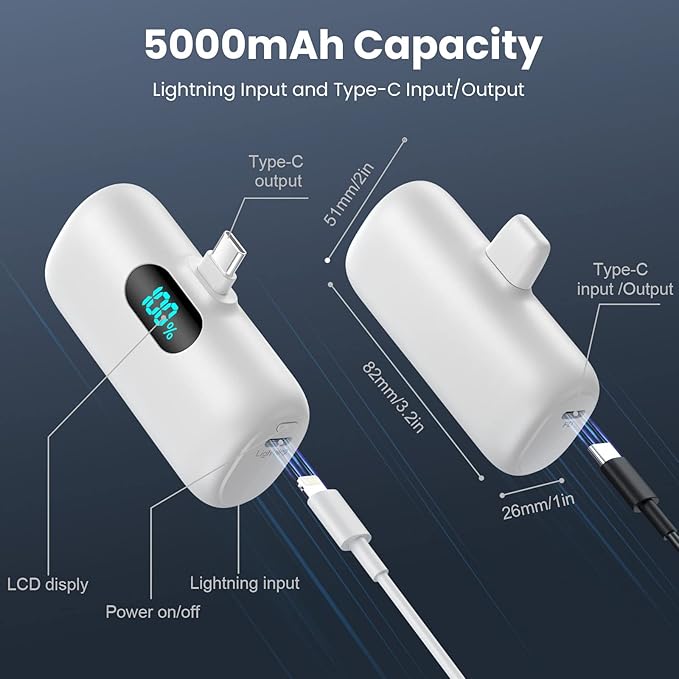 Feob Mini Portable Charger 5000mAh Power Bank,15W PD USB C Cell Phone Portable Power,LCD Display Battery Pack Compatible with iPhone 17/Air/17 Pro/17Pro Max/16/15 Android/Samsung/Moto(Type-C Only)