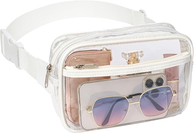 Veckle Clear Fanny Pack Stadium Approved - Plus Size 35-51 Inch Adjustable Strap Transparent Belt Bag for Women Men Fits 7.5" Smartphone, Crossbody Clear Bag for Stadium Events Sports Concerts, White