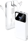 Portable Charger Power Bank with Built-in Cables and Wall Plug, 10000mAh Slim USB-C Battery Pack, Fast Charging Travel Essential Portable Phone Charger Compatible with iPhone, Samsung (Snow)