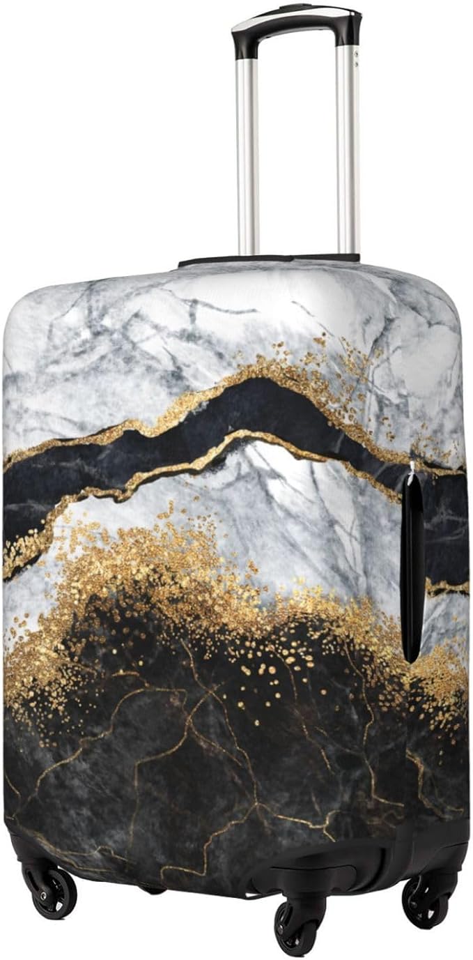 Travel Luggage Cover, White Black Gold Marble Abstract Washable Elastic Baggage Cover Double-sided with Zipper Closure for Wheeled Suitcase Fits 22-24 Inch