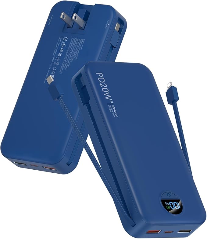 citicr Portable Charger Power Bank, 20000mAh PD20W USB C Fast Charging with Built-in Cables & Wall Plug, External Battery Pack with LED Display, Travel Essential for iPhone, iPad, Samsung Navy