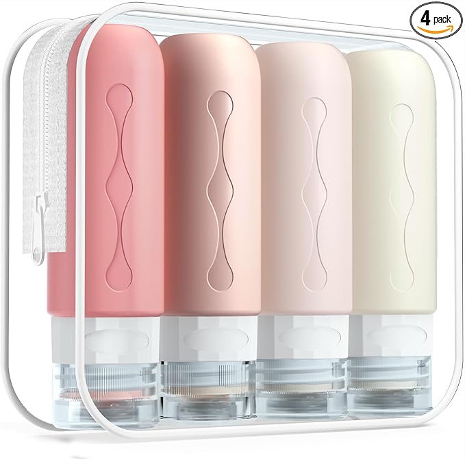 Gemice Travel Bottles for Toiletries, Tsa Approved Travel 3oz Size Containers with Clear Bag, BPA Free Leak Proof Travel Tubs Refillable Liquid Travel Accessories for Cometic Shampoo Lotion (4 Pack)