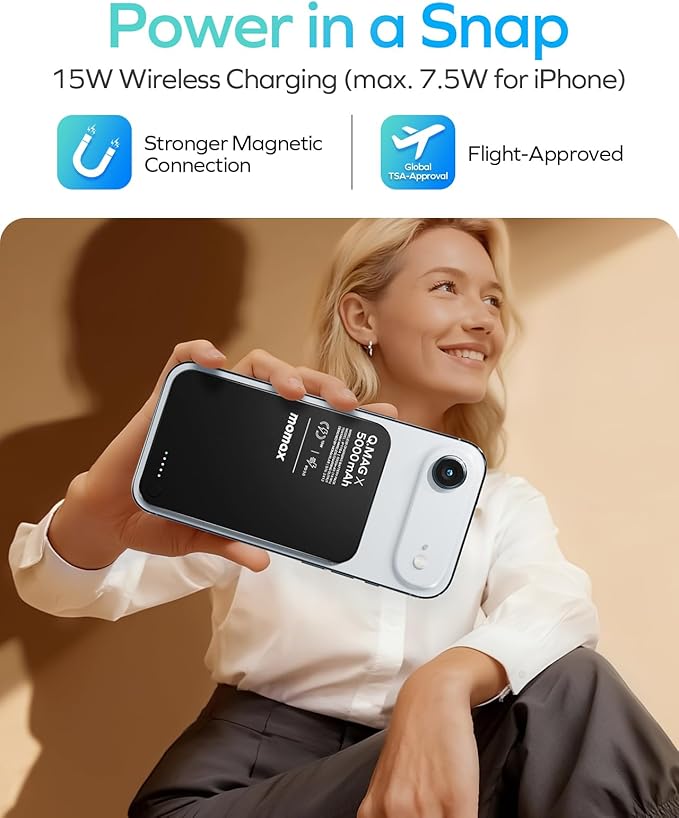MOMAX Magnetic Wireless Power Bank 5000mAh, Ultra-Slim 0.3" MagSafe-Compatible Portable Charger, 20W USB-C PD Fast Charging, for iPhone 17/16/15/14/13/12 Series, Samsung Galaxy & Google Pixel