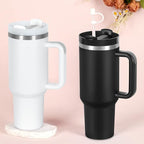 4 Pack 40 Oz Tumblers with Handle Bulk, Double Wall Vacuum Insulated Stainless Steel Tumblers with Lid and Straw, 40 oz Cups with Silicone Spill Proof Stopper Set (Black-2,White-2)