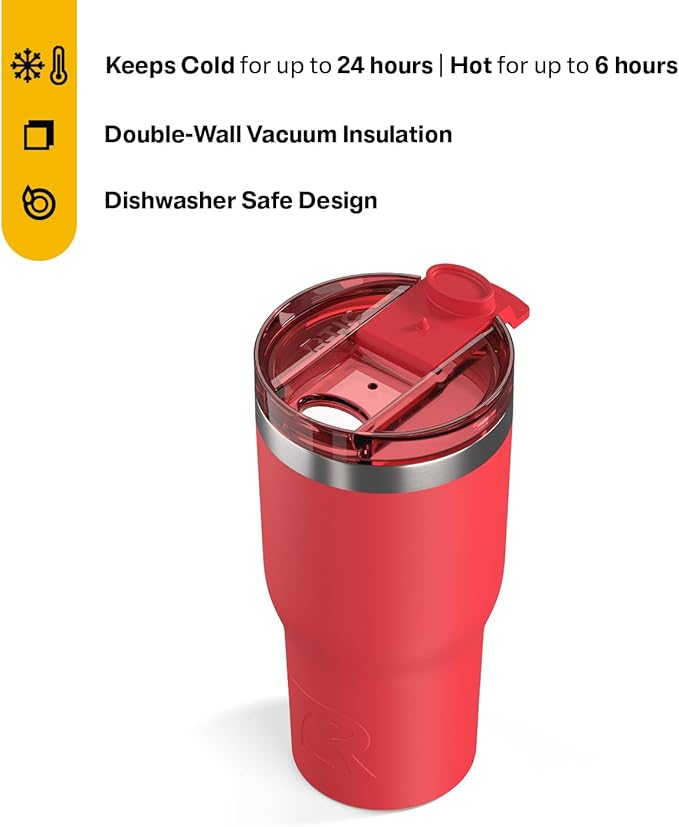 RTIC 20oz Essential Tumbler with Lid, Ceramic Lined, Insulated, Stainless Steel, Metal, Double Wall Vacuum-Insulation, Travel Cup for Iced Coffee, Tea, Hot and Cold Drink, Flag Red