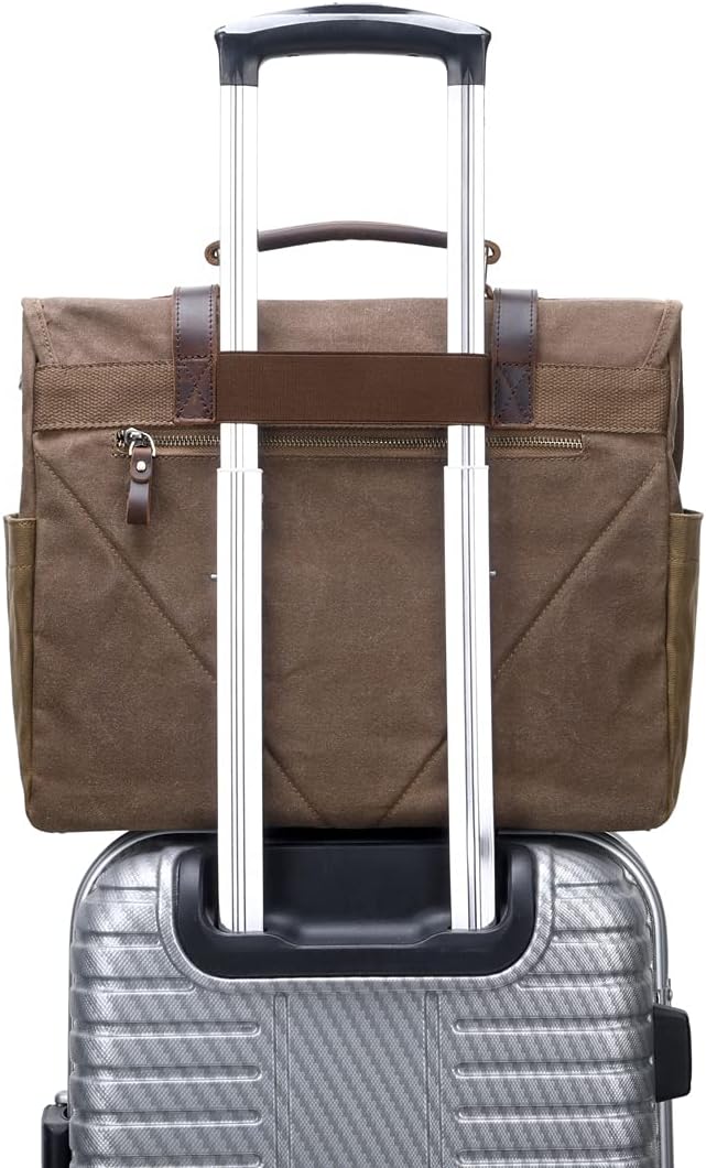 Messenger Bag for Men, Waterproof Genuine Leather Waxed Canvas Briefcase 15.6 Inch Laptop Larger Shoulder Bag with Key Bag