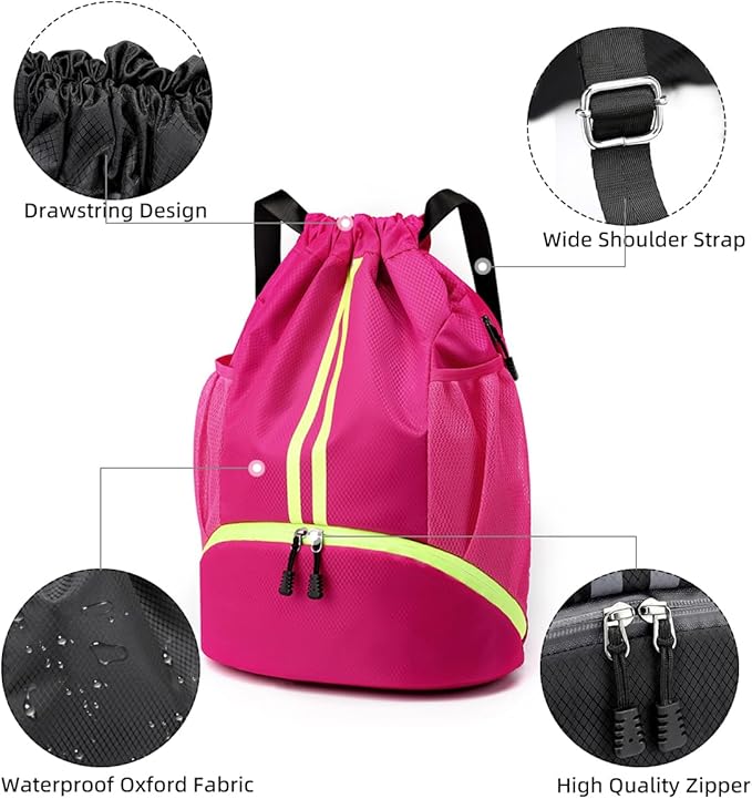 Valleycomfy Sports Drawstring Backpack - Water Resistant String Bag with Side Mesh Pockets Shoe Compartment Gym Backpack for Women & Men Rose