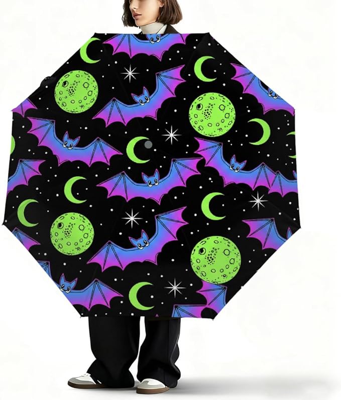 Windproof Compact Umbrellas for Rain - Neon Bat Moon Halloween Portable Lightweight Automatic Reverse Folding Umbrellas - Auto Open Close Cute Small Umbrella for Commute, Car, Backpack, Purse