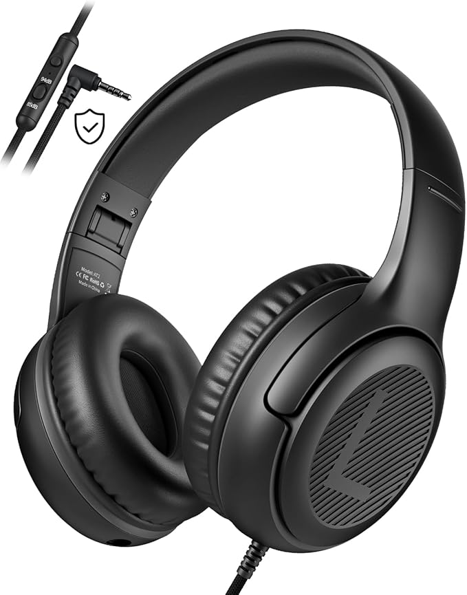 awatrue Kids Headphones for School Travel, 85/94dB Safe Volume Limit, 3.5mm Jack, HD Mic, Portable Wired Headphone with Shareport, Stereo Sound On-Ear Headphones for Toddler Kids Girls Boys Black