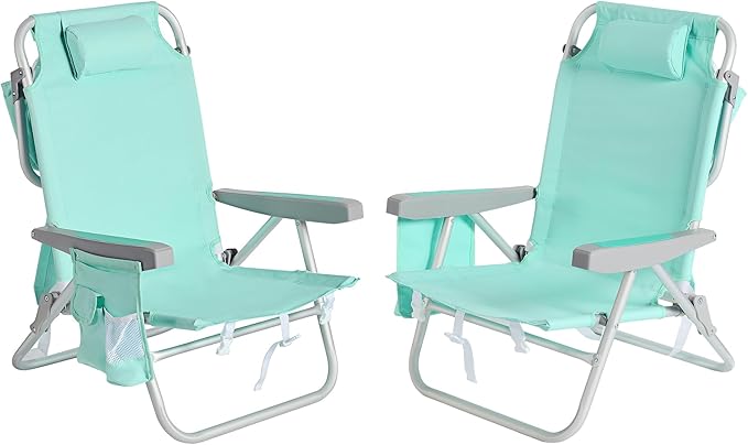 SUNNYFEEL Low Beach Chair 2 Pack, 5-Position Lay Flat Reclining, Backpack Portable Folding Chairs with Cooler Bag & Cup Holder, Heavy Duty 350 LBS, Compact for Beach, Camping, Travel