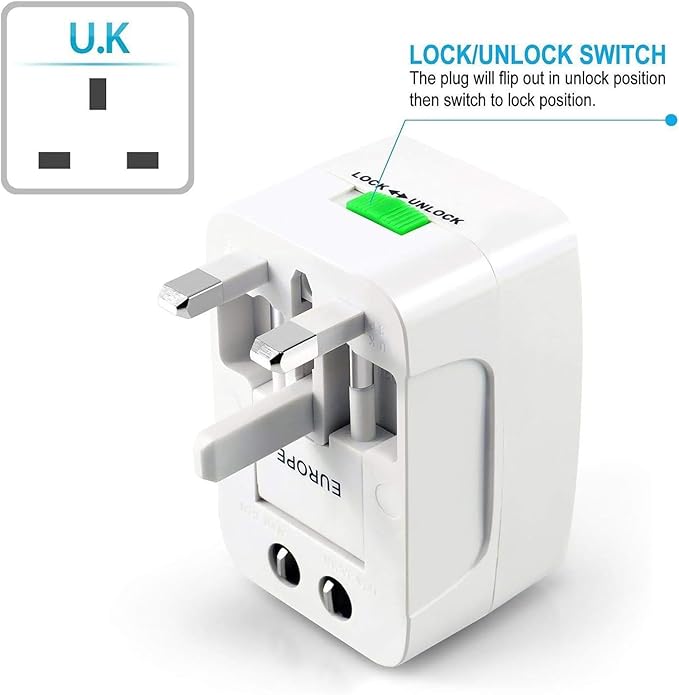 Portable Worldwide Universal Power Adapter Converter, All in One International Out of Country Travel Wall Charger Plug Compatible with USA, EU, UK, and AUS and More Outlets