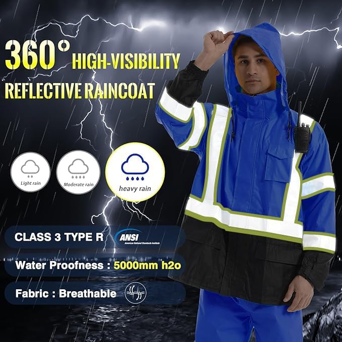 SKSAFETY Hi Vis Safety Rain Jacket for Men, Construction Work Rain Gear Heavy Duty Class 3 Rain Coat Waterproof Lightweight