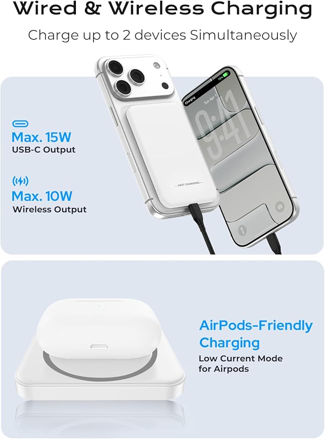 Aobbow Magnetic Portable Charger, 5000mAh Ultra Slim Power Bank, 15W Fast Charging for Magsafe Battery Pack, Travel Essential Wireless Charger Compatible with iPhone 17/16/15 Series - White