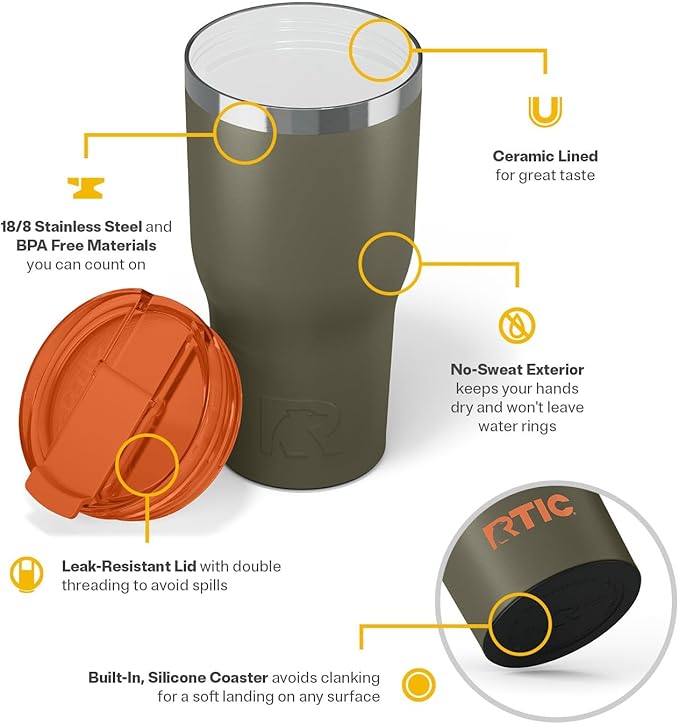 RTIC 30oz Essential Tumbler with Lid, Ceramic Lined, Insulated, Stainless Steel, Metal, Double Wall Vacuum-Insulation, Travel Cup for Iced Coffee, Tea, Hot and Cold Drink, Trailblazer