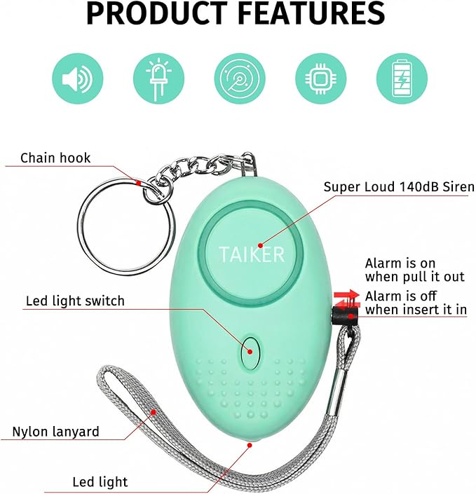 Personal Alarm for Women 140DB Emergency Self-Defense Security Alarm Keychain with LED Light for Women Kids and Elders-2 Pack (Black & Aqua Marine)