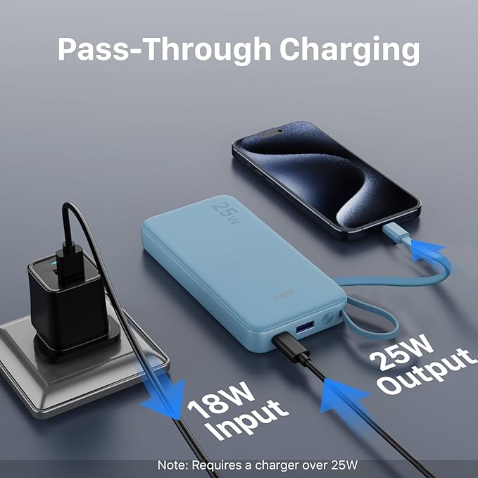 JUOVI 25W Portable Charger, 10000mah Power Bank Fast Charging with Built-in USB-C Cable, Battery Pack with LED Display, Portable Phone Charger for iPhone 17 16 15 14 Samsung S24 S23 iPad Tablets
