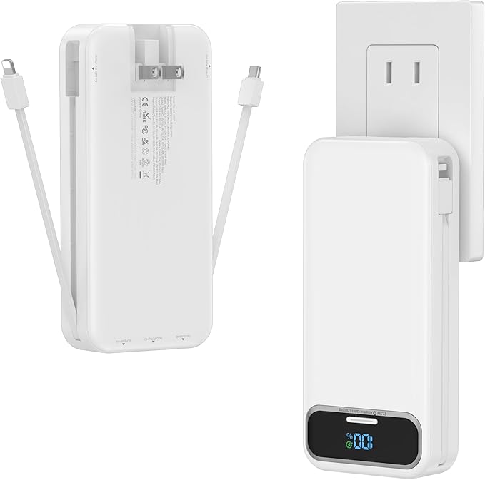 20000mAh Lightweight-Portable-Charger-Power-Bank with Built-in Cables and AC Wall Plug, PD20W USB-C Fast Charging Battery Pack, LED Display External Travel Phone Charger for All iPhone,Samsung,Android