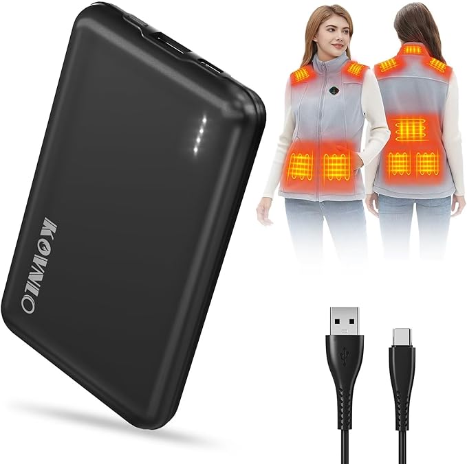 KOVNLO Battery Pack for Heated Vest, 5V 2A 10000mAh USB Power Bank with USB-C Charging Cable, Ultra Thin Portable Charger for Heated Jacket,iPhone, Android