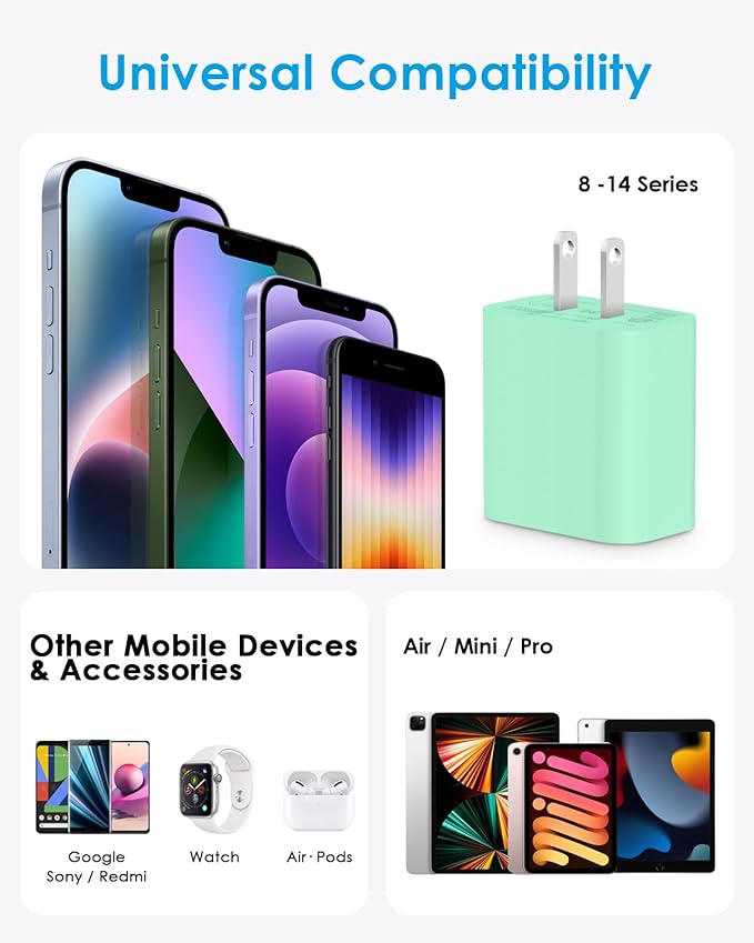 AISNI Fast Charger Block for iPhone 14 13 12 with 10 Foot Fast Charging Cable,MFi-Certified, 20W PD USB C i-Phone Charger 10 ft Compatible with iP14 Plus/14/13/12/11 Pro Max/XSMax (2-Pack Green)
