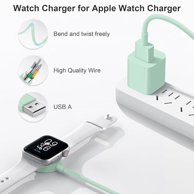 Fast Charger for Apple Watch Charger, Magnetic iWatch Charger to USB A Cable 3.3FT with USB A Wall Plug Adapter for Apple iWatch Series Ultra/10/9/8/7/6/SE/5/4/3/2 (Green)
