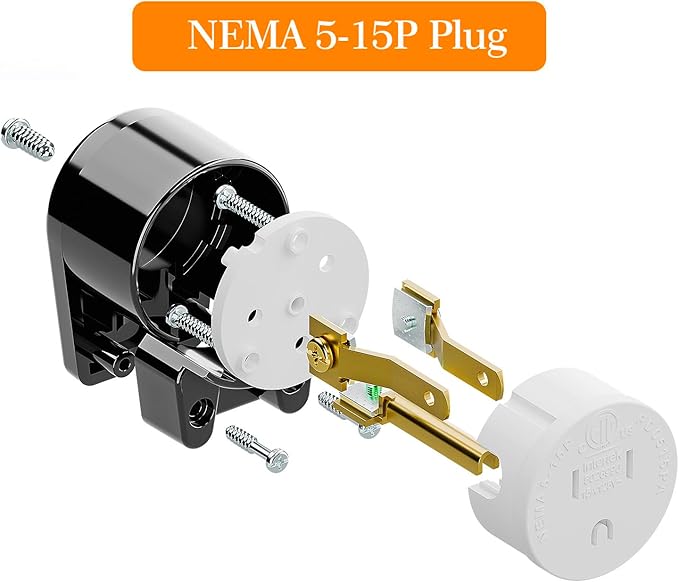 (2Pack) Nema 5-15P Plug, Plugrand 15A 125V Right Angle AC Plug, Nema 5-15P DIY 90 Degree Plugs, 3-Prong Rewirable Plugs, 3 Prong Household Right Angle AC Connector, ETL Verified