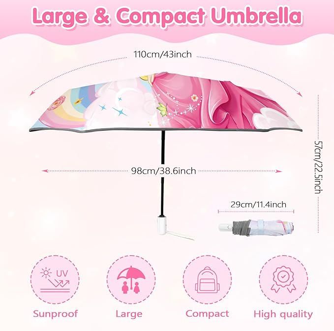 Kids Folding Umbrella Auto Open/Close Umbrellas for Rain Round Corner Safe Design UV Resistant Automatic Children Travel Umbrellas Reinforced Canopy 360° Reflective Strip Lightweight for Girls & Boys