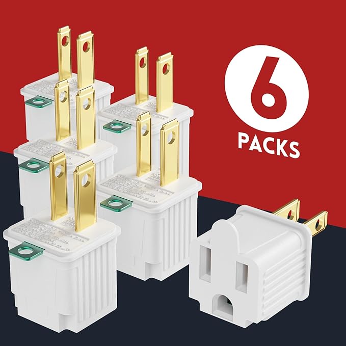 PLUGTUL 2 Prong to 3 Prong Outlet Adapter, Polarized Grounded Outlet Converter, Wall Outlet Plug for Household, Workshops, ETL Listed, 6-Pack, White