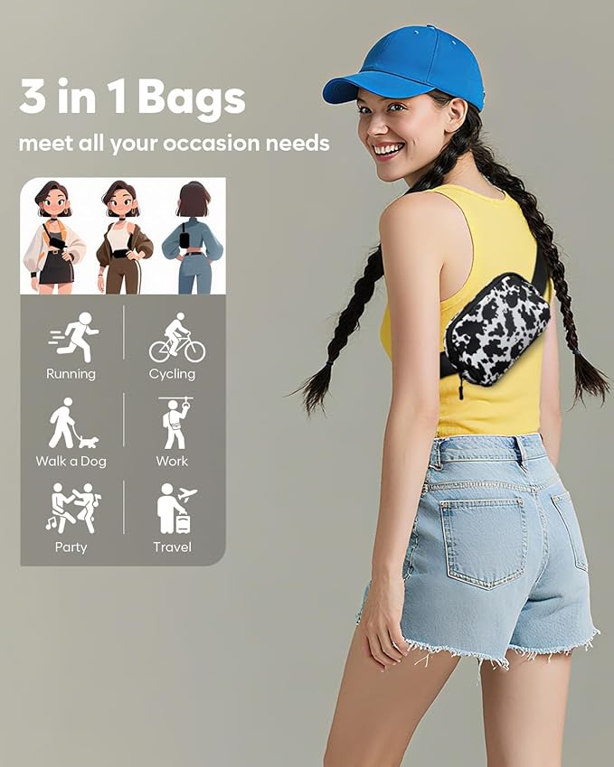 Pritent Fanny Packs for Women Cross Body Bag Waterproof Belt Bag with Adjustable Strap and Zipper Back Pocket Small Crossbody Bags Fashion Waist Packs for Workout Travelling(Cow Print)