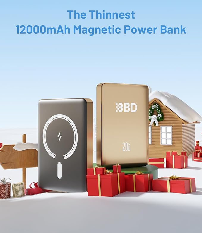 BBD 12000mAh Magnetic Portable Charger Power Bank for iPhone,1 Pack 20w Fast Charging Wireless Power Bank with USB C Cable in&Out Put Magsafe Battery Pack for iPhone 16 15 14 Magsafe Accessories Gold