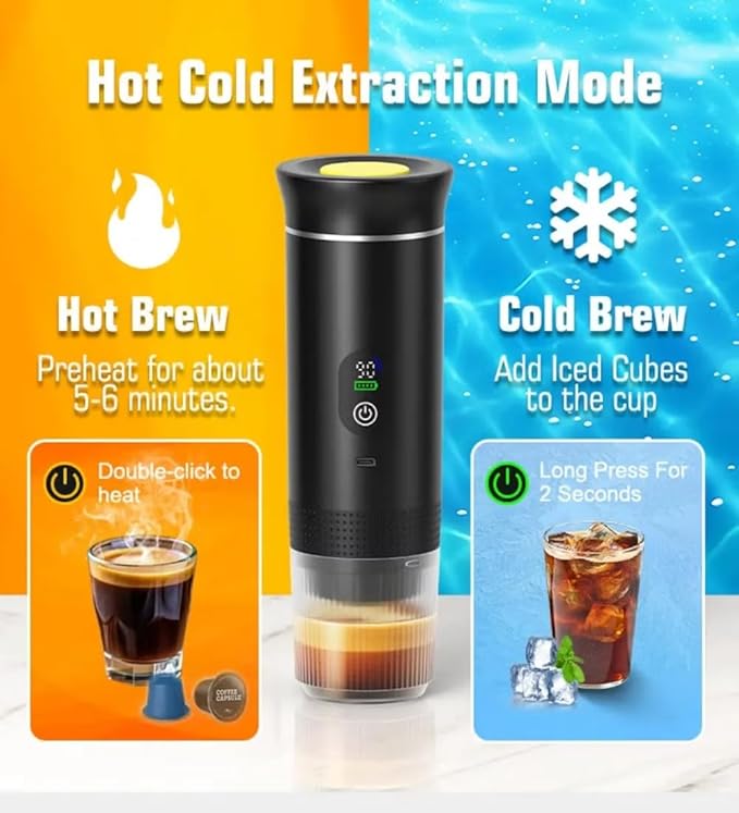 Portable Espresso Coffee Maker Rechargeable Self Heating Machine For Travel Car 3 in 1 Ground Coffee and NS Capsules 20 Bar Pressure Smart LED Display Camping Office With Stand Holder (GREY)