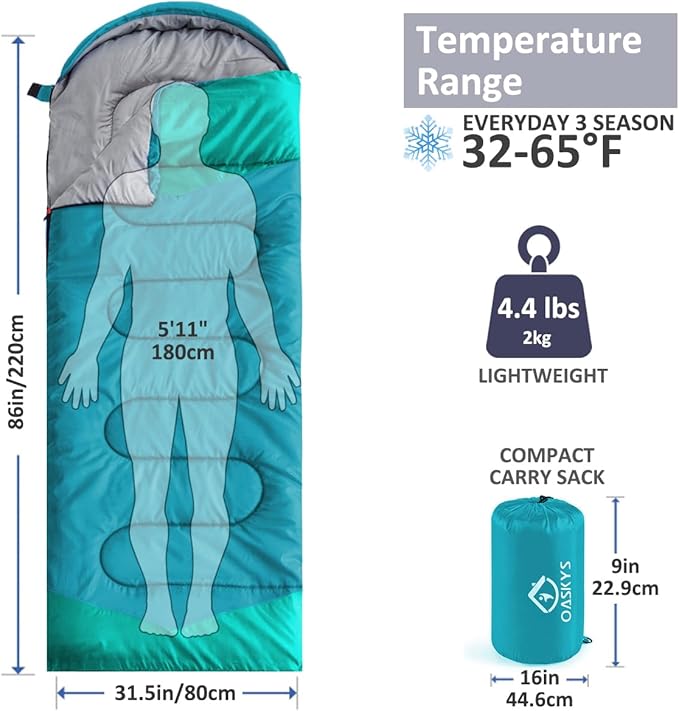 oaskys Camping Sleeping Bag - 3 Season Warm & Cool Weather - Summer Spring Fall Lightweight Waterproof for Adults Kids - Camping Gear Equipment, Traveling, and Outdoors