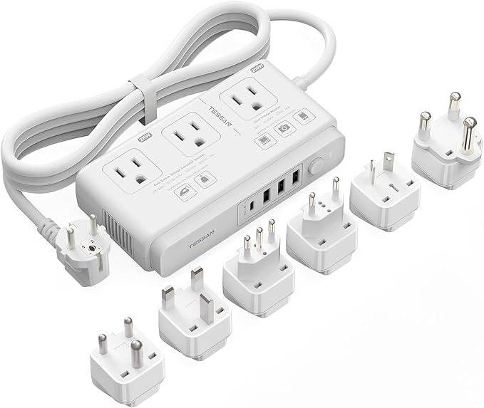 TESSAN Voltage Converter US to Europe, 220 to 110 Voltage Converter, Universal Travel Adapter with 4 USB Ports (1 USB C), 3 AC and EU UK AU IT in ZA Plug Power Adapter, Step Down Transformer, 4 FT
