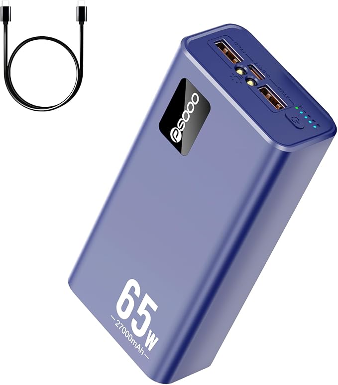 PSOOO Portable Charger 27000mAh 65W PD Fast Charging Power Bank, 3-Port External Battery Pack with LED Flashlight, Compatible with iPhone, Samsung, MacBook, Tablet, Travel & Outdoor Use (Blue)