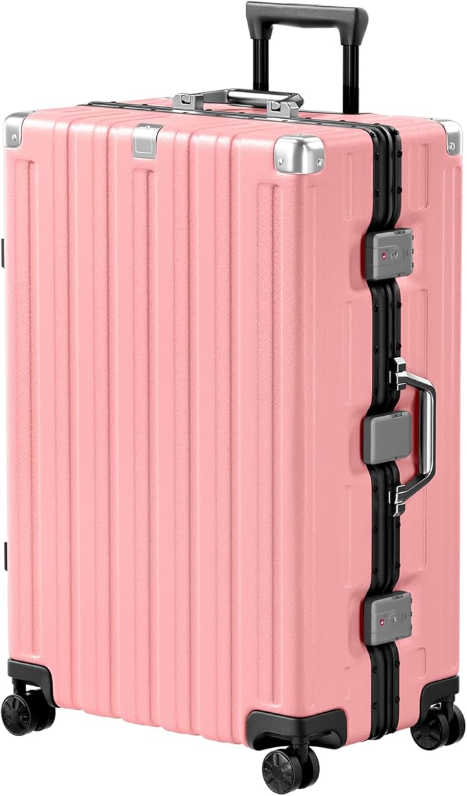 Krute Aluminum Frame Luggage 28 Inch Checked Suitcase with Spinner Wheels TSA Approved No Zipper Hard Shell Luggage PC+ABS Travel Suitcase Pink