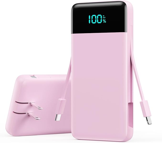 Portable Charger with Built-in AC Plug and Cables,13800mAh All in One USB C Fast Charging Power Bank,Travel Essentials Portable Phone Charger Battery Pack for iPhone 17/16/15/14/13,Galaxy,Android-Pink