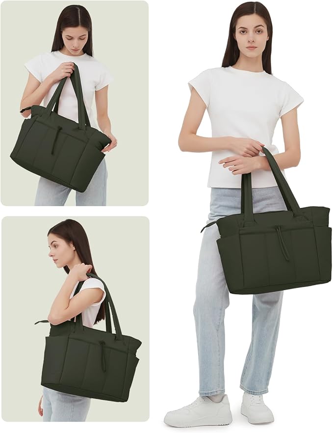 Wandering Nature Puffer Tote Bag with Cup Holder & Laptop Compartment & Trolley Sleeve for Travel, Work, Nurse, Women