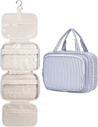 Narwey Striped Hanging Toiletry Bag for Women Travel Makeup Bag Organizer Toiletries Bag for Travel Size Essentials Accessories Cosmetics (Greyish Blue Stripe (Medium))