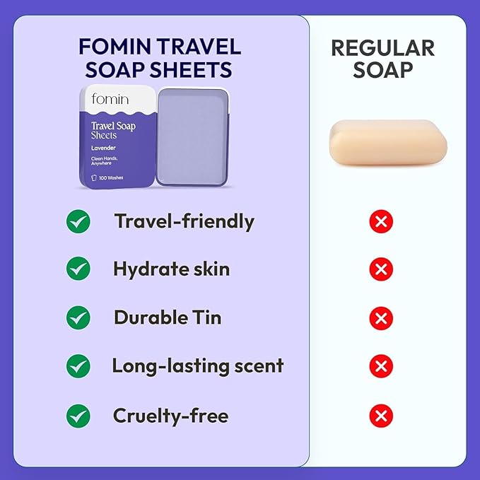 FOMIN - Antibacterial Paper Soap Sheets for Traveling - 300 Lavender Portable Hand Soap Sheets for Travel in Tin - Dissolvable Mini Portable Travel Soap Sheet for Hand Washing, Camping and Hiking