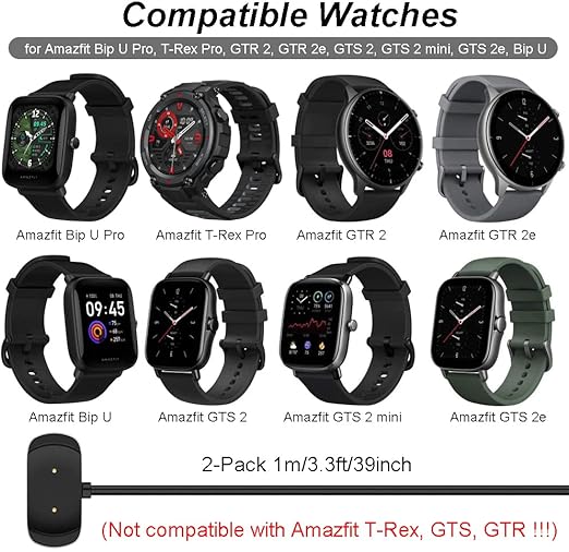 Charger for Amazfit Bip 5/3, T-Rex Pro, GTS 4 Mini, GTS 2/2e, GTR 2/2e, 2 GTR Mini Smart Watch - Replacement Magnetic Charging Cable (2-Pack, 1m/3.3ft)