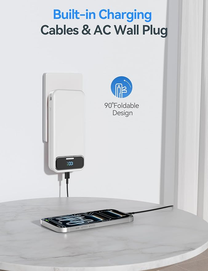 20000mAh Lightweight-Portable-Charger-Power-Bank with Built-in Cables and AC Wall Plug, PD20W USB-C Fast Charging Battery Pack, LED Display External Travel Phone Charger for All iPhone,Samsung,Android