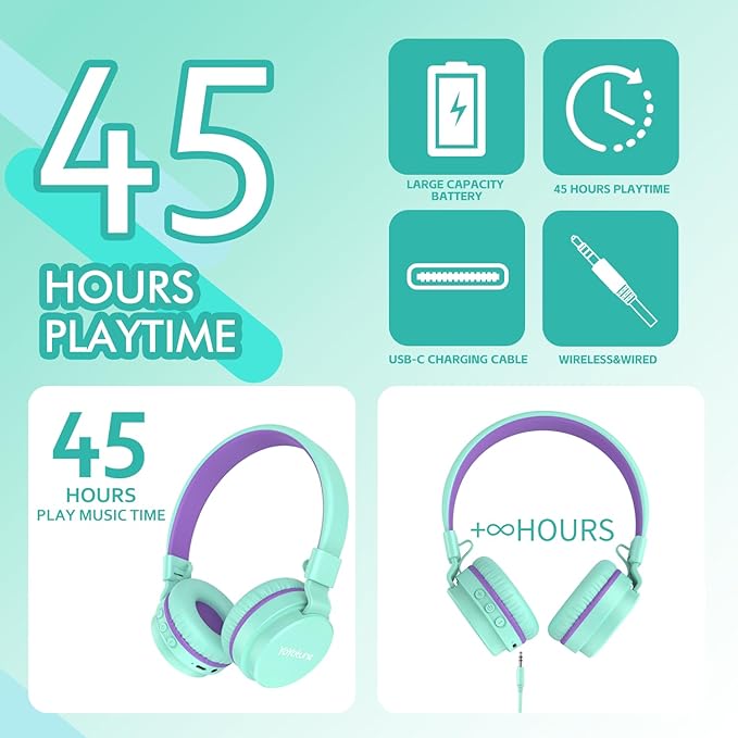 Kids Bluetooth Headphones,Lightweight Kids Headphones Wireless,85/94dB Safe Volume,40H Playtime,Fast Charging,Bluetooth 5.3,Over Ear,Toddler Headphone Built-in Mic for School/Tablet/Travel (Green)