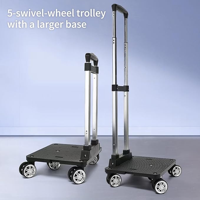 Foldable Black Aluminum Backpack Cart with 5 Swivel Wheels, Large Base, Ideal for Large Backpacks, Pet Carriers, Laptop Bags