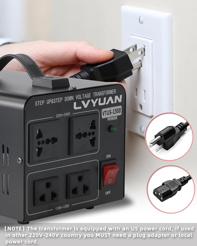 LVYUAN Voltage Converter Transformer 1500 Watt Step Up/Down Convert from 110V-120V to 220V-240Vt and from 220V-240V to 110V-120V with 2 US outlets, 2 Universal outlets, Resettable Circuit Breaker
