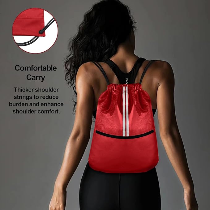 Drawstring Backpack Large Sports Draw String Bag for Women and Men (Red)